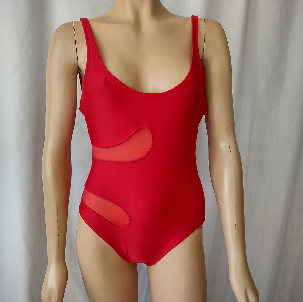 Vintage Baywatch Style Red One Piece Swimsuit w/Sheer Cutouts S/M Deadstock NWOT
